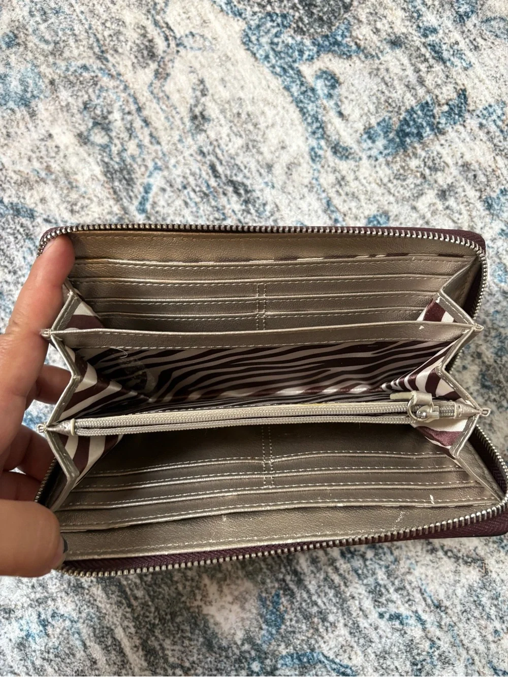 Dana Buchman Burgundy Pink Beige Striped Zip Wallet